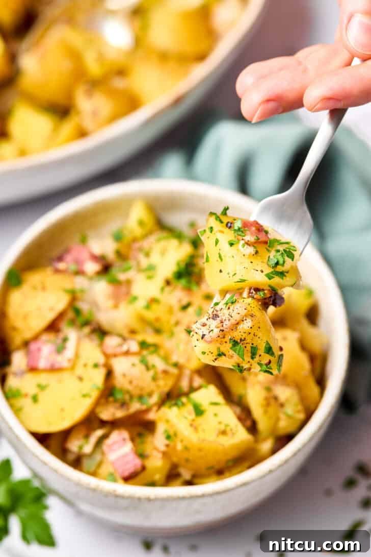 Tangy Warm German Potato Salad 9 bite of hot potatoes on fork with small bowl in background