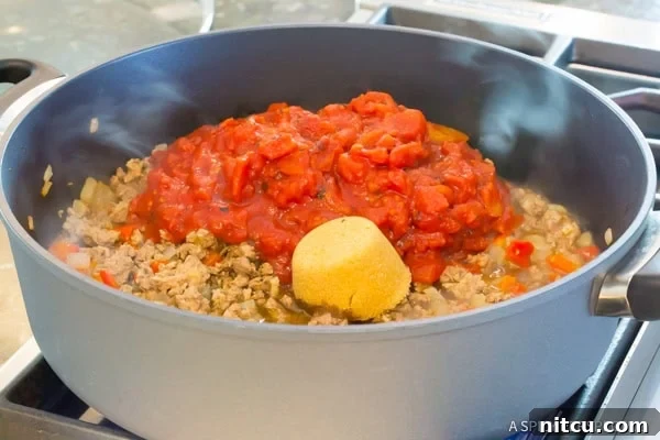 Easy Skillet Sloppy Joe Noodle Dinner 8 Step 3: Stirring the Sloppy Joe sauce in the skillet