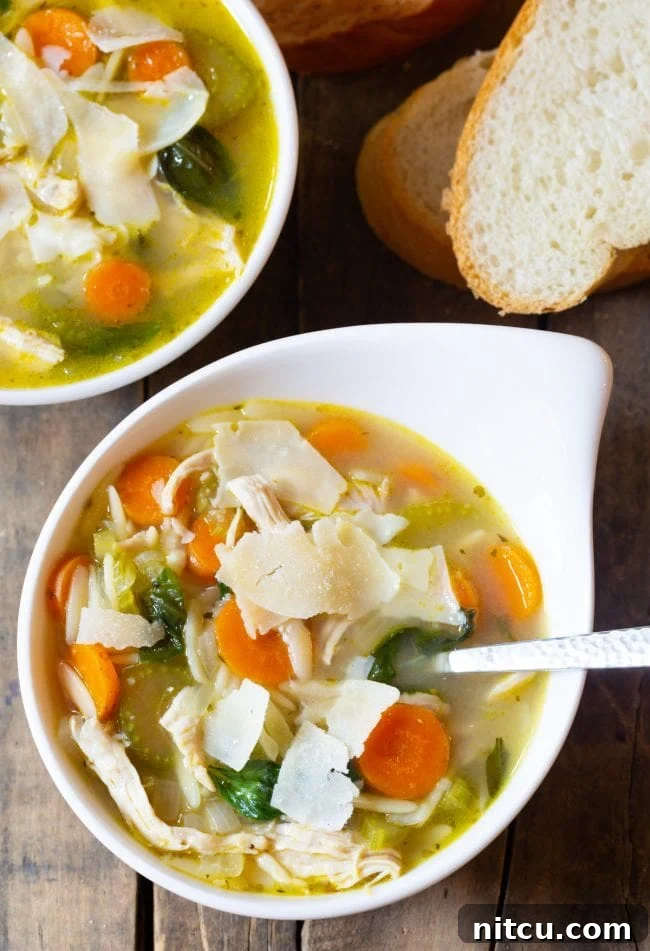 Two bowls of chicken orzo soup topped with shaved parmesan and fresh basil. 