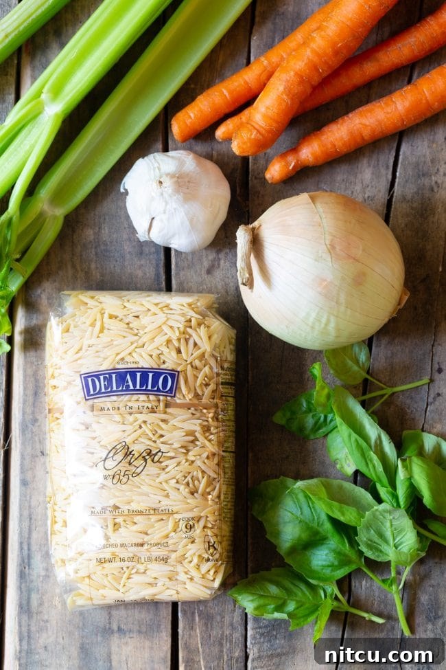 Fresh ingredients laid out on a wooden background, ready for making chicken orzo soup.