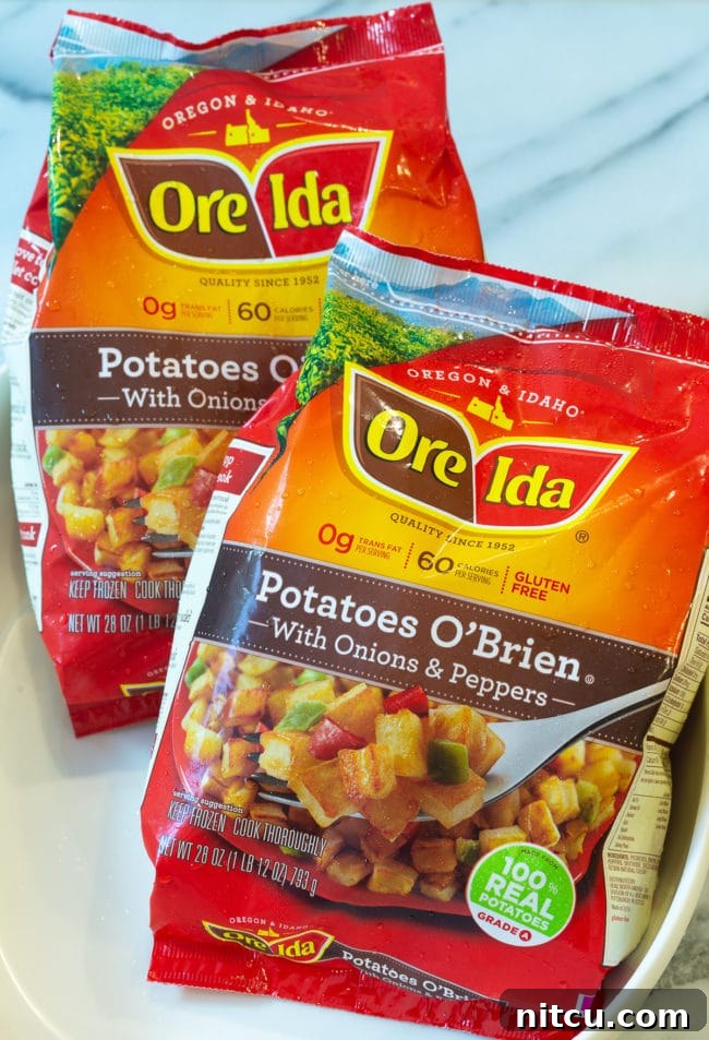 Signature Social Spuds 6 Close up of Ore Ida frozen hash brown potatoes.