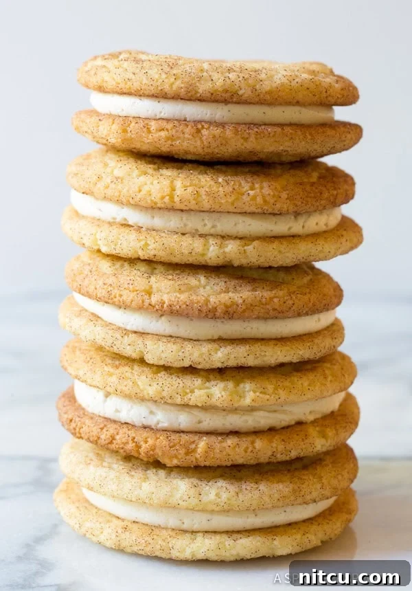 Whoopie Pie Snickerdoodle Sandwich Cookie Recipe with frosting in between stacked high