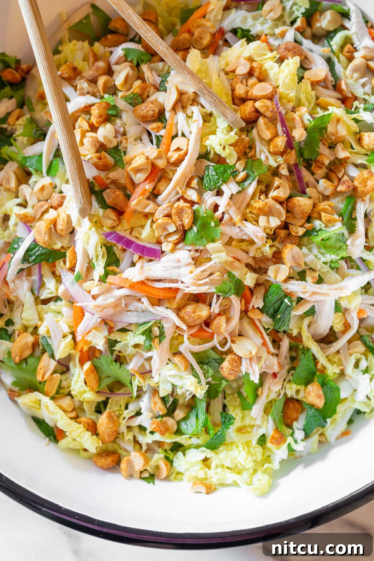 Close-up shot of a vibrant Vietnamese Chicken Salad (Goi Ga) served with chopsticks, highlighting its fresh ingredients and inviting texture.