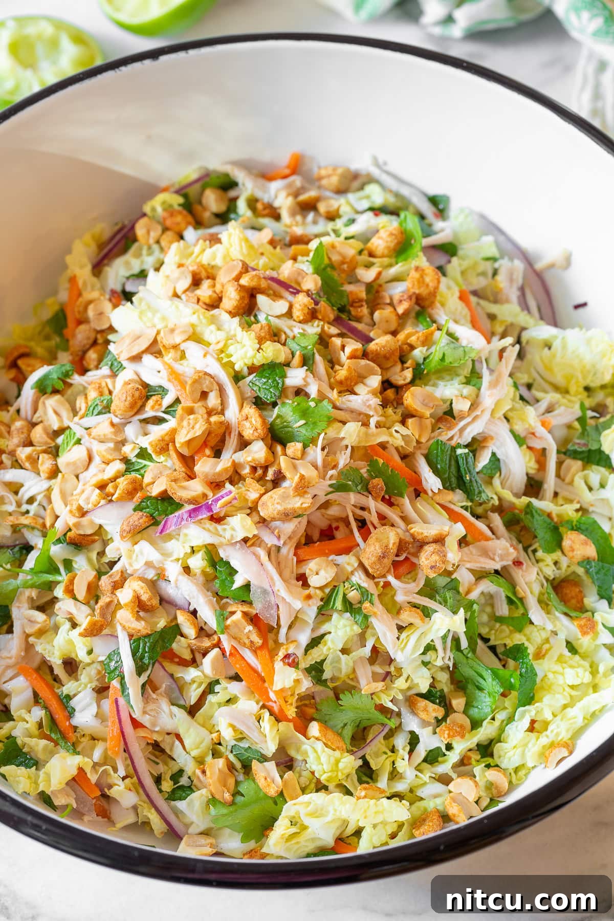 A generous serving of Goi Ga Vietnamese Chicken Salad, beautifully presented in a large mixing bowl and garnished with an abundance of chopped roasted peanuts for added crunch and flavor.