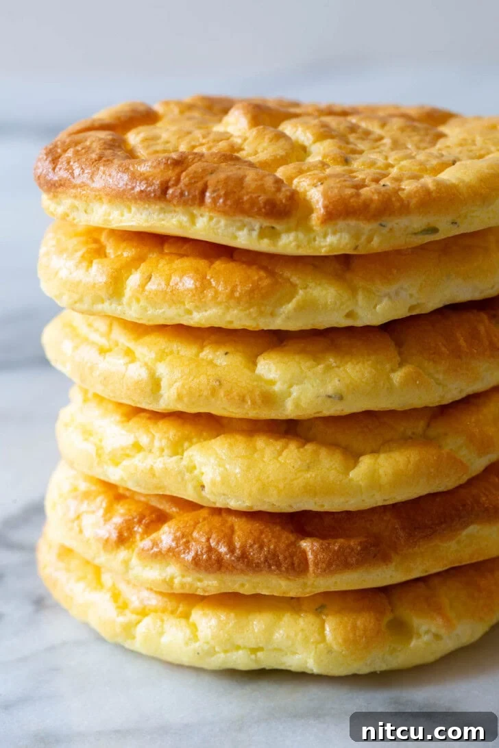 Cloud Bread #LowCarb #GlutenFree #GrainFree #Keto #CloudBread #CloudBreadRecipe #KetoCloudBread #NoCarbBread A beautifully stacked collection of cloud bread slices resting on a smooth marble surface, highlighting their airy texture.