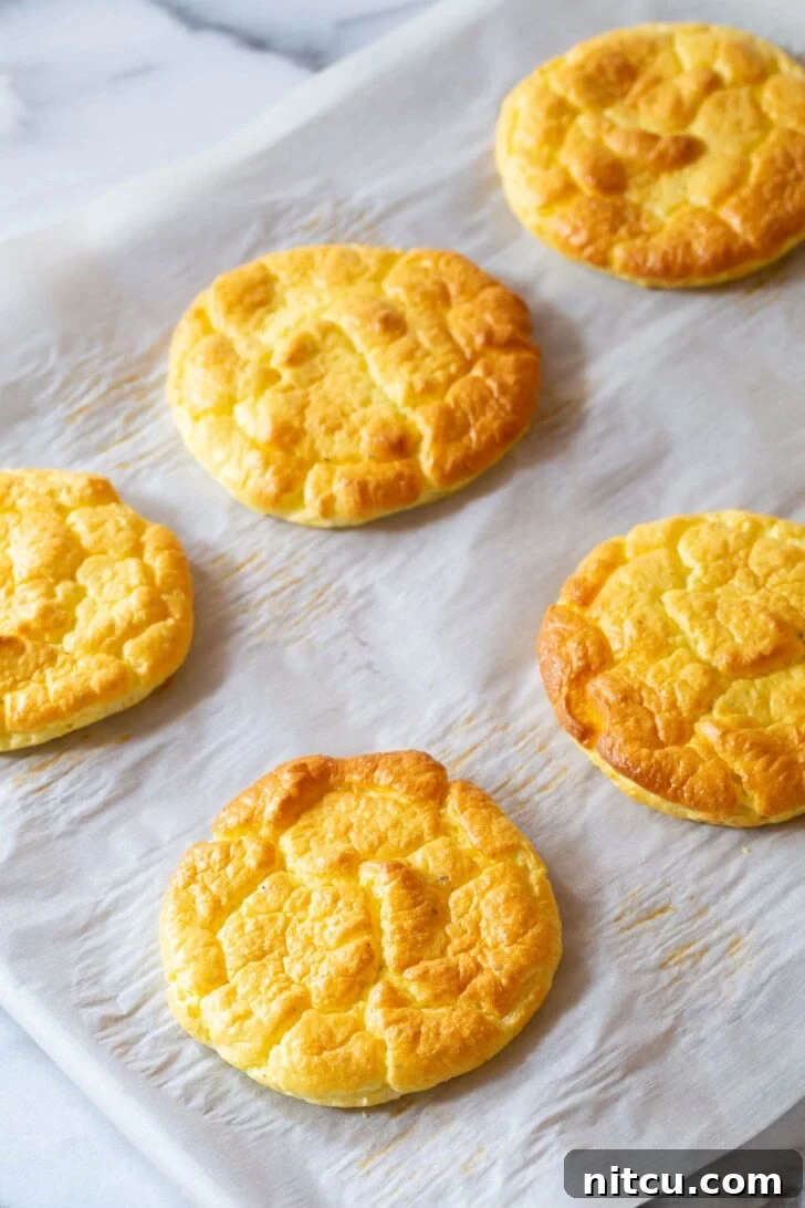 Keto Cloud Bread #LowCarb #GlutenFree #GrainFree #Keto #CloudBread #KetoCloudBread #NoCarbBread Freshly baked cloud bread cooling on a baking sheet lined with parchment paper, showcasing its golden finish.