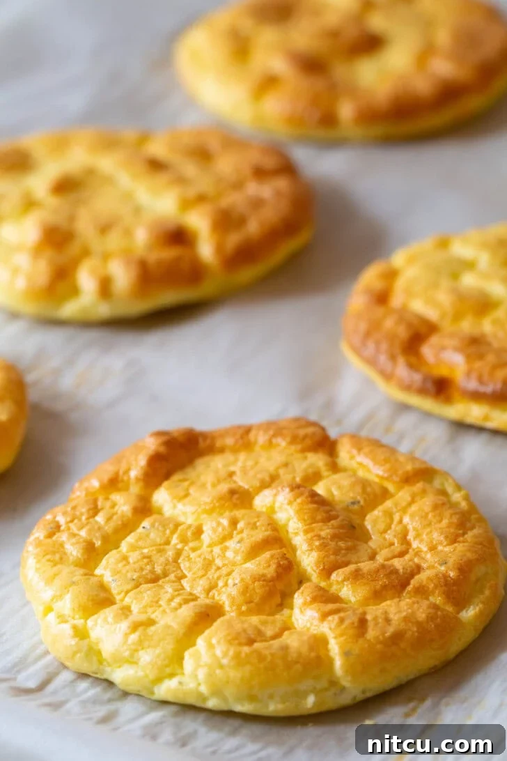 Cloud Bread Recipe #LowCarb #GlutenFree #GrainFree #Keto #CloudBread #KetoCloudBread #NoCarbBread A single piece of cloud bread resting on a baking sheet, with more blurred pieces in the background, showcasing its golden crust.