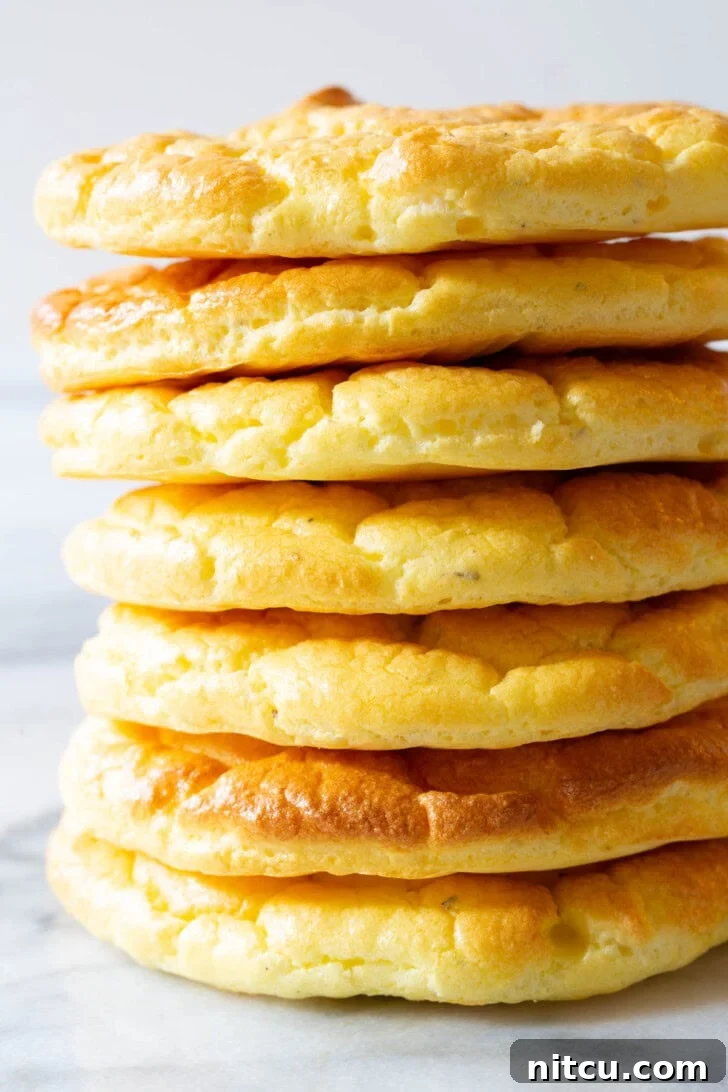 Cloud Bread #LowCarb #GlutenFree #GrainFree #Keto #CloudBread #KetoCloudBread #NoCarbBread A large stack of many individual pieces of cloud bread, ready for serving or storage.