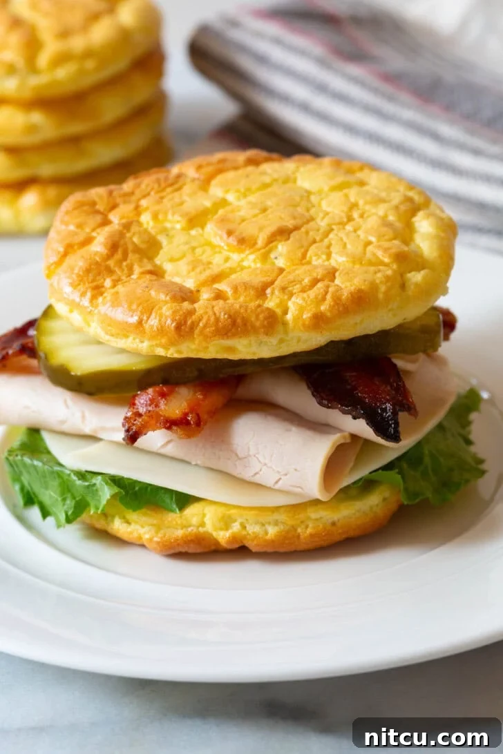 Keto Bread Recipe #LowCarb #GlutenFree #GrainFree #Keto #CloudBread #CloudBreadRecipe #KetoCloudBread #NoCarbBread A delicious turkey bacon sandwich made with two slices of golden low-carb cloud bread, showcasing its perfect use as a bread alternative.