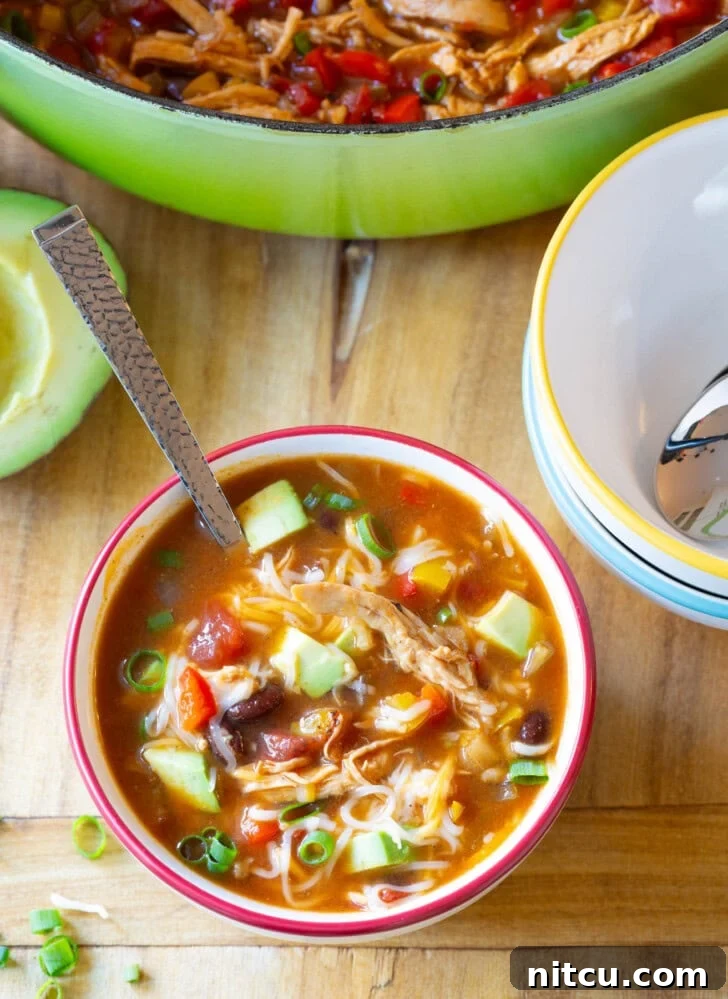 Healthy Chicken Fajita Soup Top down view bowl of chicken fajita soup with a spoon in the bowl, garnished with fresh cilantro and lime.