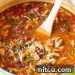 A bowl of vibrant Chicken Fajita Soup, garnished with fresh toppings, against a rustic background.