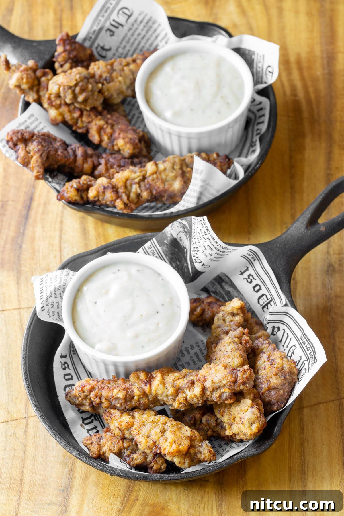 Beef Tenders 6 Two cast iron plates lined with newspaper, each holding a generous serving of crispy steak fingers and a small ramekin of creamy country gravy.