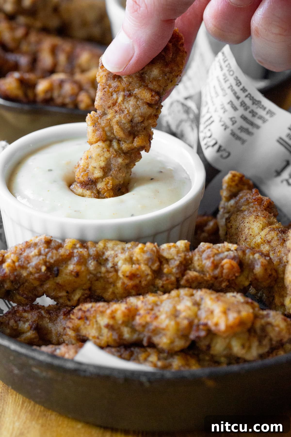 Beef Tenders 7 A hand dipping a crispy steak finger into a small ramekin of creamy country gravy, highlighting the perfect dipping experience.