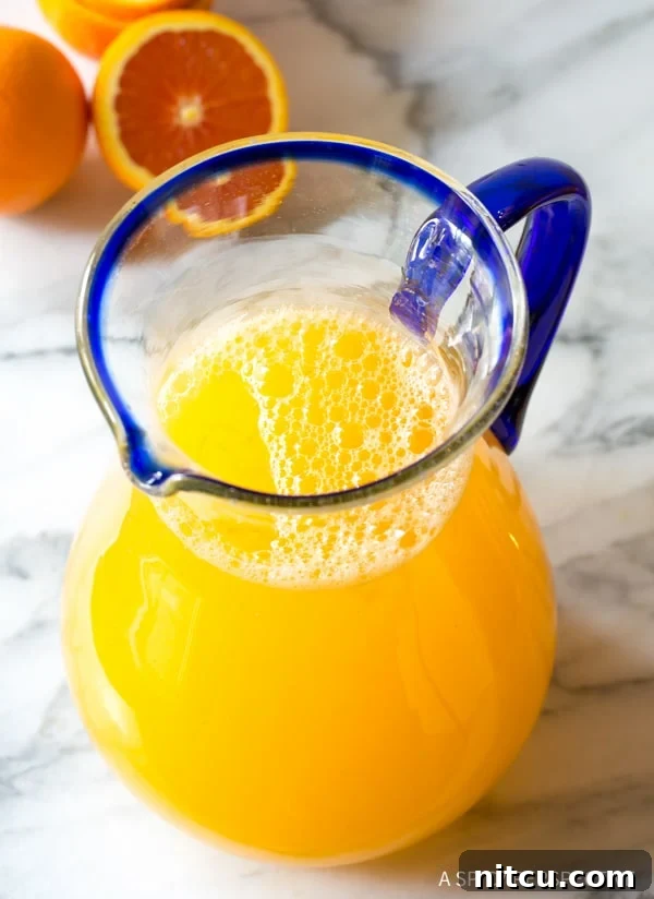 Southern Orangeade Pitcher - Ready to Serve A large glass pitcher filled with homemade Southern orangeade, showcasing its bright, inviting color, ready to be served on a warm day.