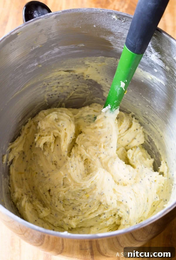 Mixing Lemon Poppy Seed Cookie Dough Lemon cookie dough being mixed in a stand mixer bowl with a rubber spatula.