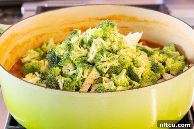 Pot of soup with fresh broccoli florets being added.
