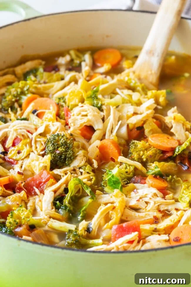 Detox chicken soup with lots of fresh veggies in a pot.