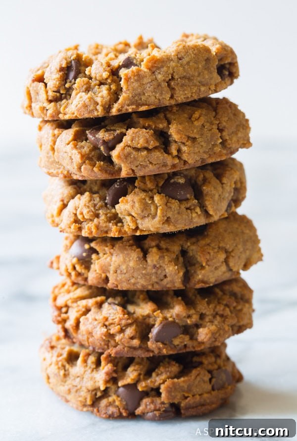Magic 4-Ingredient Guilt-Free Chocolate Chip Cookies 2 Stack of 6 magic gluten-free peanut butter and chocolate chip cookies, highlighting their appealing texture.