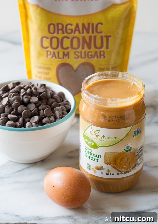 Magic 4-Ingredient Guilt-Free Chocolate Chip Cookies 4 Recipe ingredients neatly arranged: an open jar of peanut butter, a whole egg, a small bowl of dark chocolate chips, and a bag of coconut palm sugar in the background.