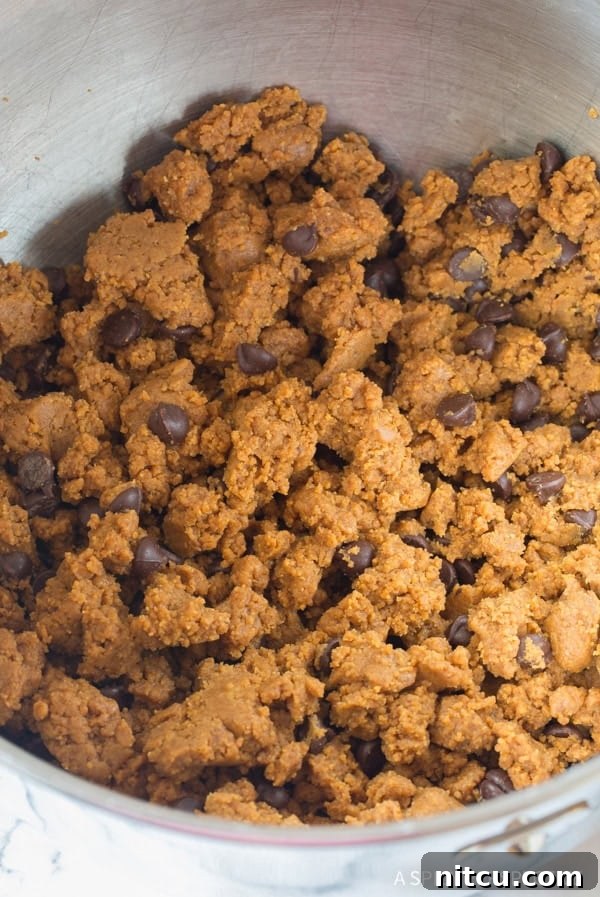 Magic 4-Ingredient Guilt-Free Chocolate Chip Cookies 5 A mixing bowl filled with raw cookie dough, generously dotted with dark chocolate chips, ready for scooping.