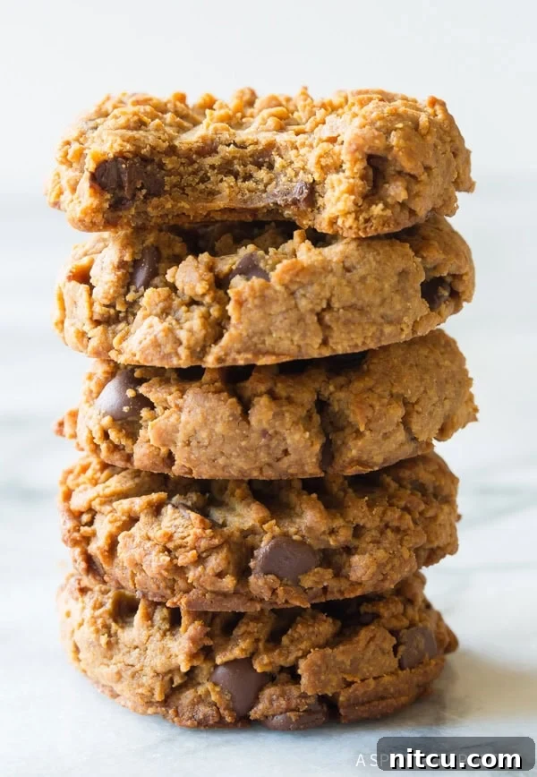 Magic 4-Ingredient Guilt-Free Chocolate Chip Cookies 8 A stack of 6 magic 4-ingredient chocolate chip cookies, with the top peanut butter cookie displaying a perfect bite taken out.