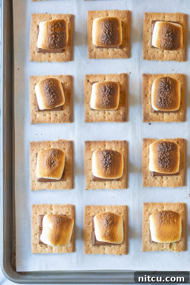 Indoor Smores Delight 6 Marshmallows turning golden brown under the broiler.