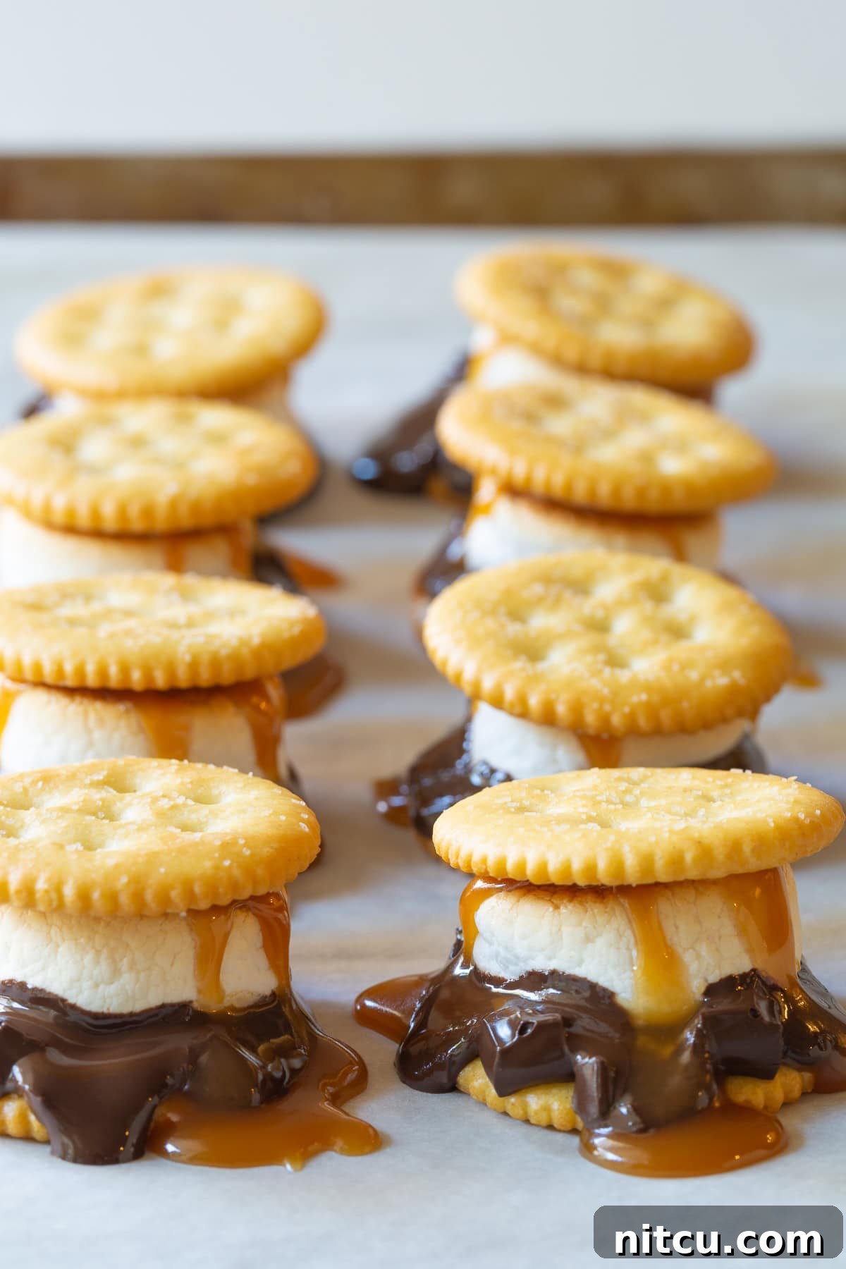 Indoor Smores Delight 10 Ritz cracker smores with dark chocolate, marshmallows and salted caramel sauce.