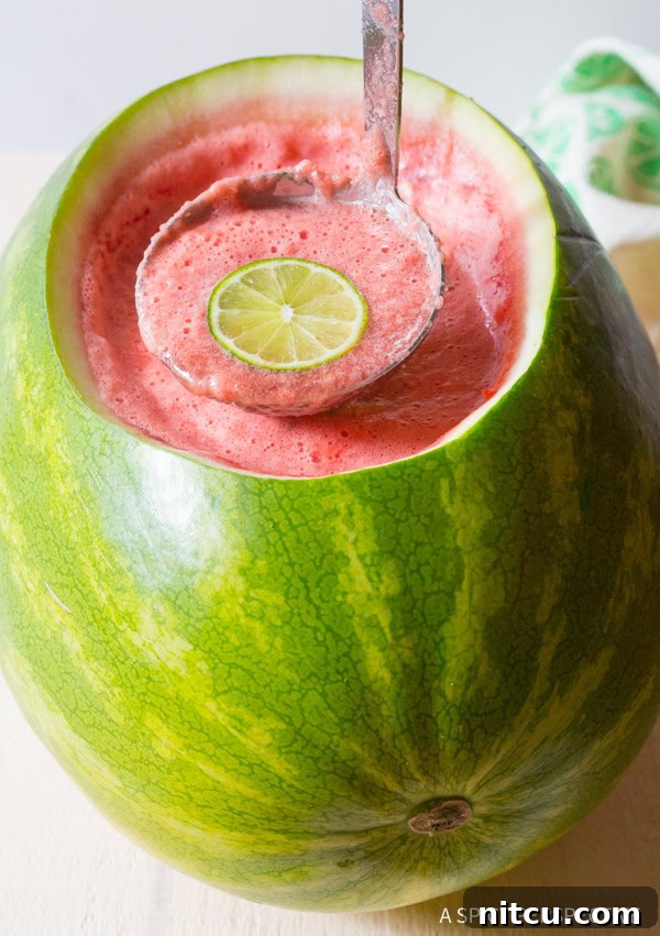 A punch ladle holding a serving of rum punch above the watermelon bowl.