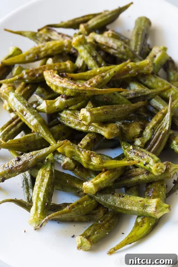 Close-up of freshly roasted zesty okra, a healthy vegan ketogenic side dish