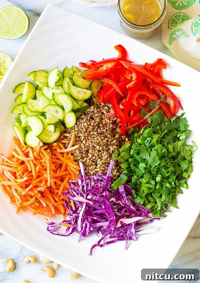 Vibrant Thai Quinoa Salad 3 Ingredients for Quinoa Salad Recipe laid out