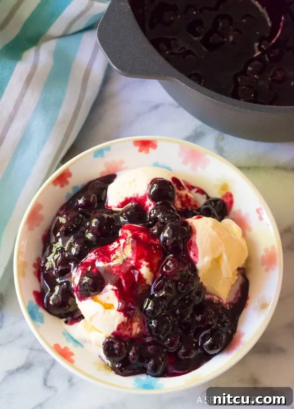 Homemade Blueberry Ice Cream Sauce 6 Bowl of ice cream with a blueberry sauce topping.