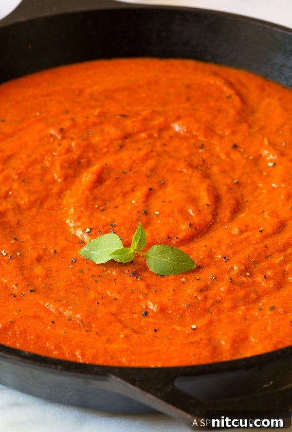 Fire-Roasted Red Pepper Coulis 8 Silky Roasted Red Pepper Marinara sauce in a skillet.