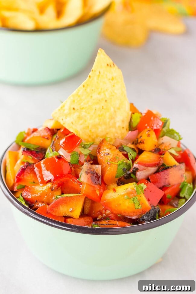 Closeup of a bowl filled with grilled peach salsa, adorned with a single nacho chip, inviting a taste.