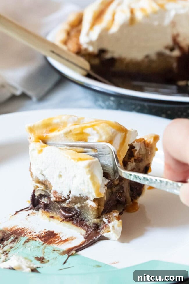 bourbon A slice of bourbon pie, with a fork digging into its rich, gooey texture, showing off the pecans and melted chocolate.