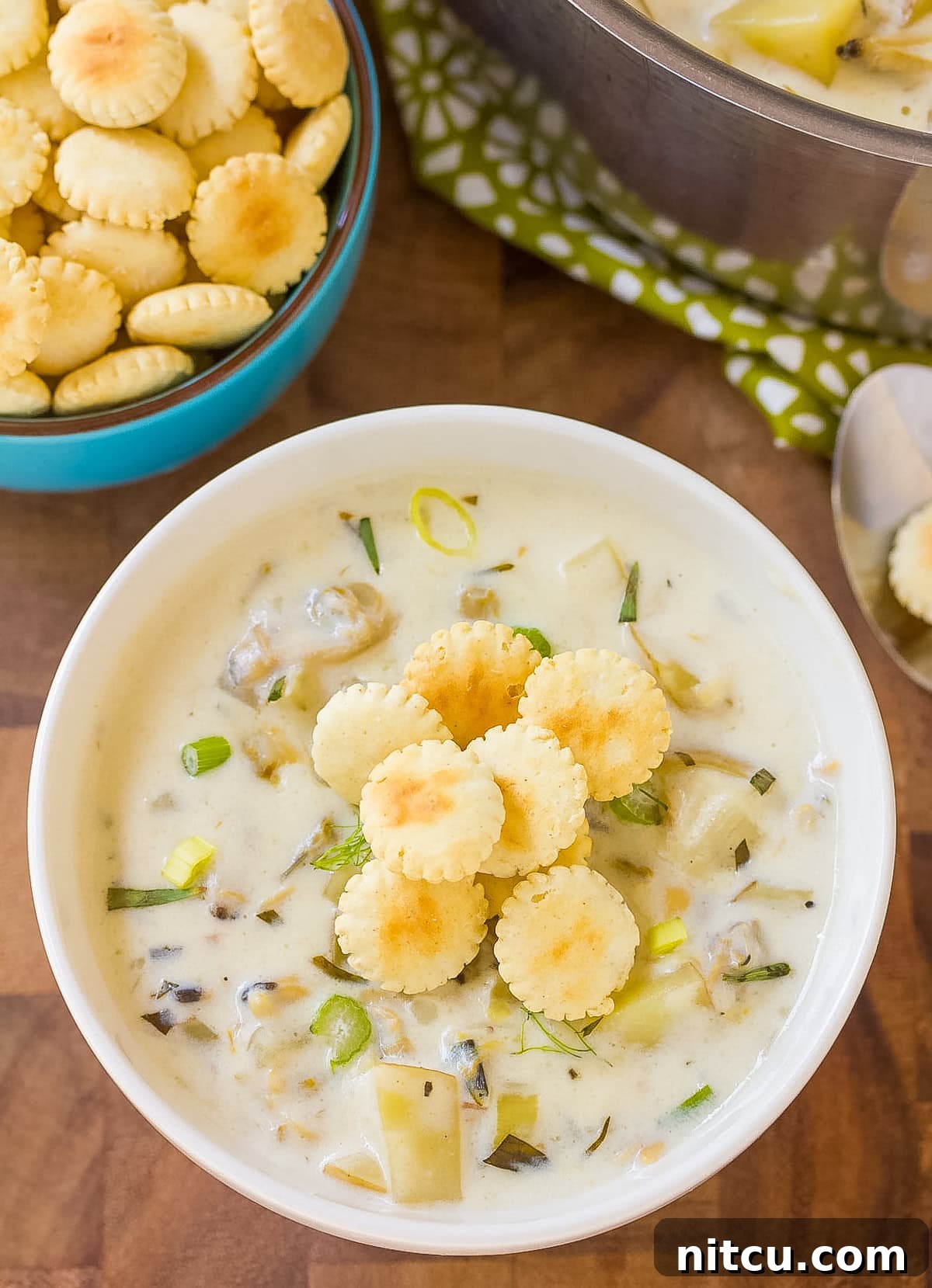 creamy New England clam chowder in a white cup with oyster crackers, perfect for winter