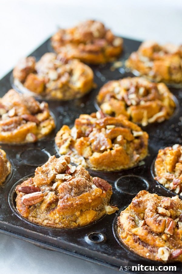 Sticky Bun Bread Pudding Muffin Cups 7 Close-up of dried cinnamon roll pieces for muffins