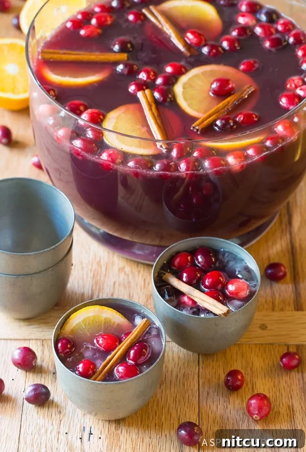 Festive Wine Medley 11 Two glasses of vibrant holiday punch elegantly presented, with a punch bowl filled with more of the delightful beverage in the softly blurred background.