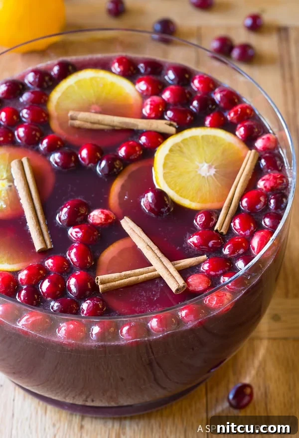 Festive Wine Medley 9 A festive punch bowl brimming with the 5-Ingredient Holiday Wine Punch recipe, ready to be served and enjoyed at a lively celebration.