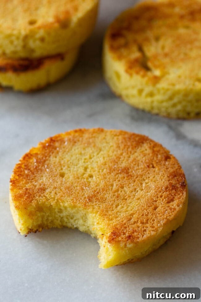 Effortless Keto Mug Bread 7 Close view of a slice of grain free low carb bread with a bite taken out.