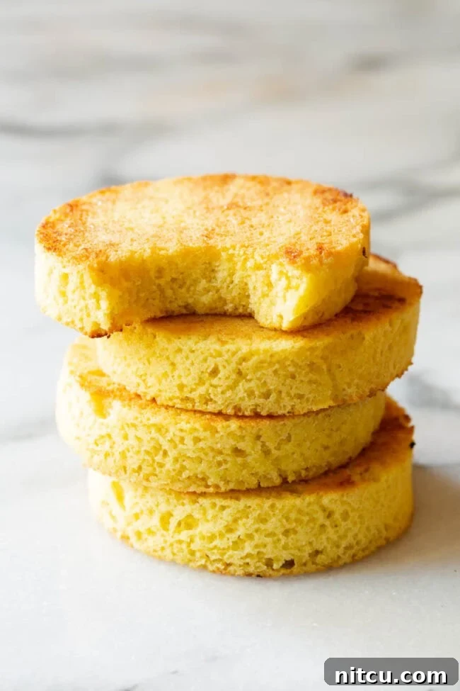 Magic Mug Low Carb Bread Recipe #ASpicyPerspective #Paleo #Ketogenic #SugarFree #DairyFree #GrainFree #GlutenFree 4 round slices of low carb bread stacked. The top slice has a bite taken out.