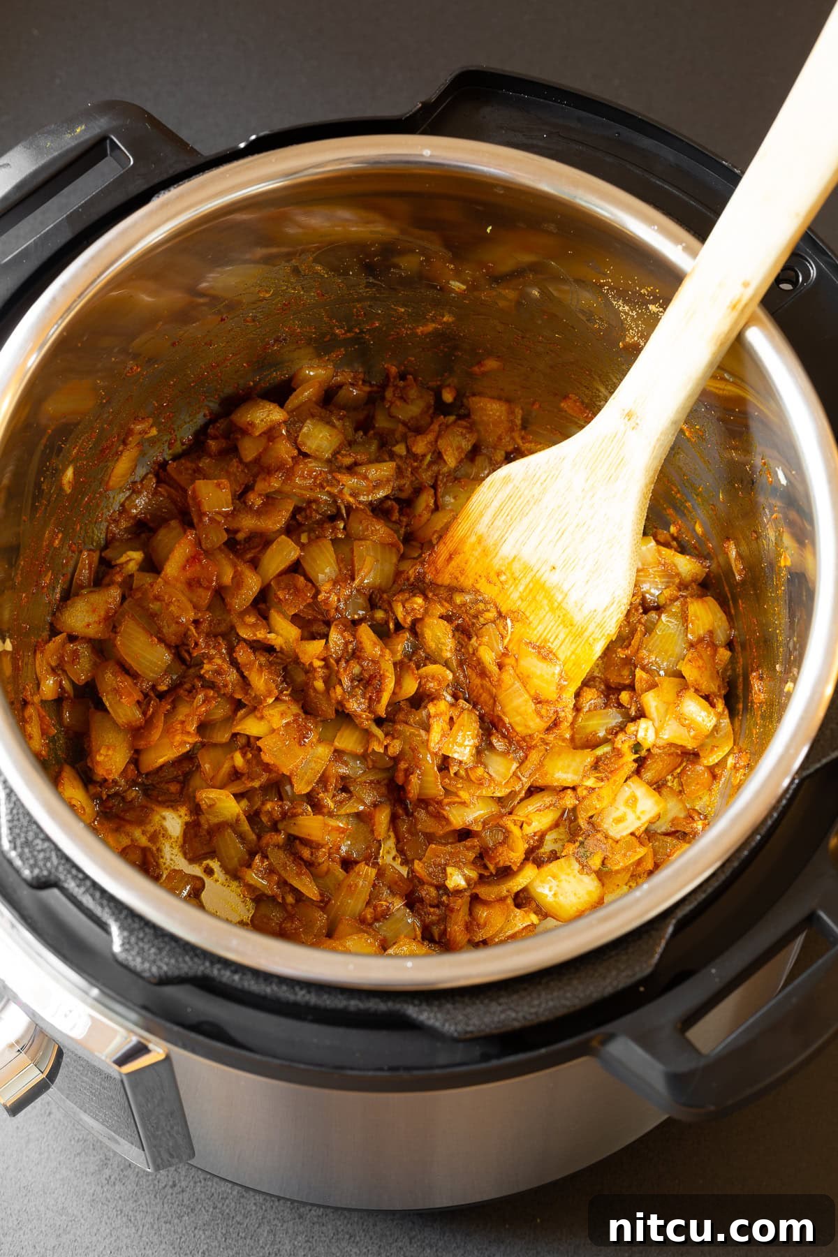 Top down view of veggies cooked in an instant pot. 