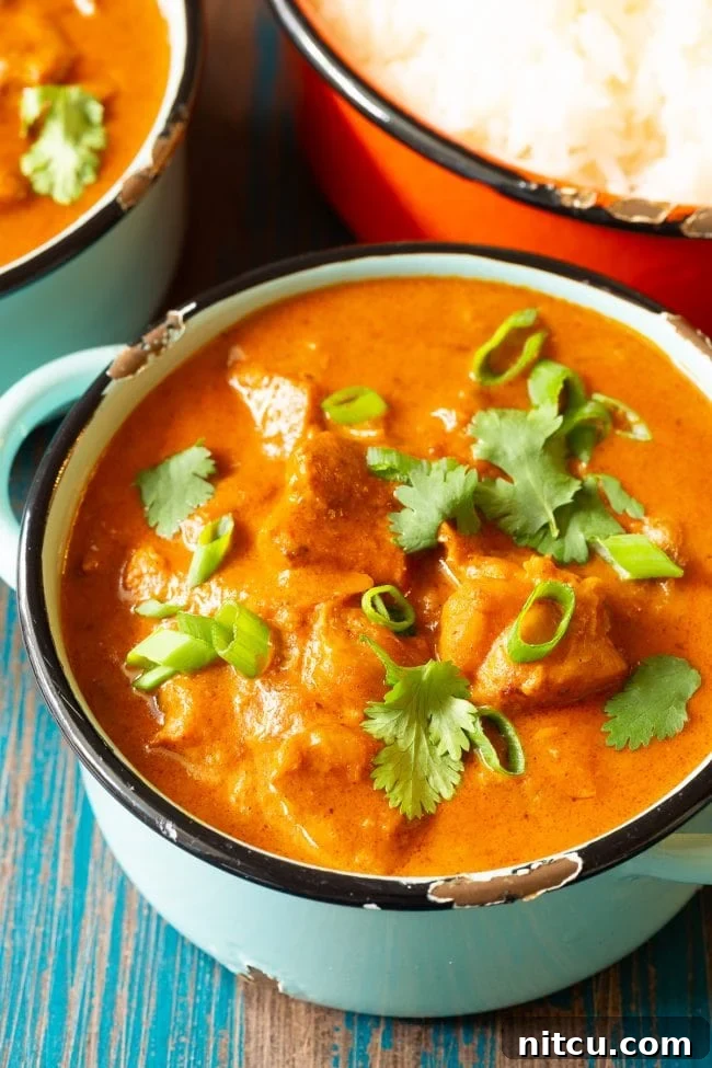 Indian Butter Chicken plated in a bowl and topped with fresh cilantro and scallions. 