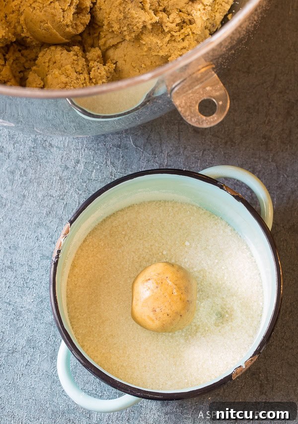 Nutty Brown Butter Delights 7 Brown butter cookie dough balls being rolled in granulated sugar.