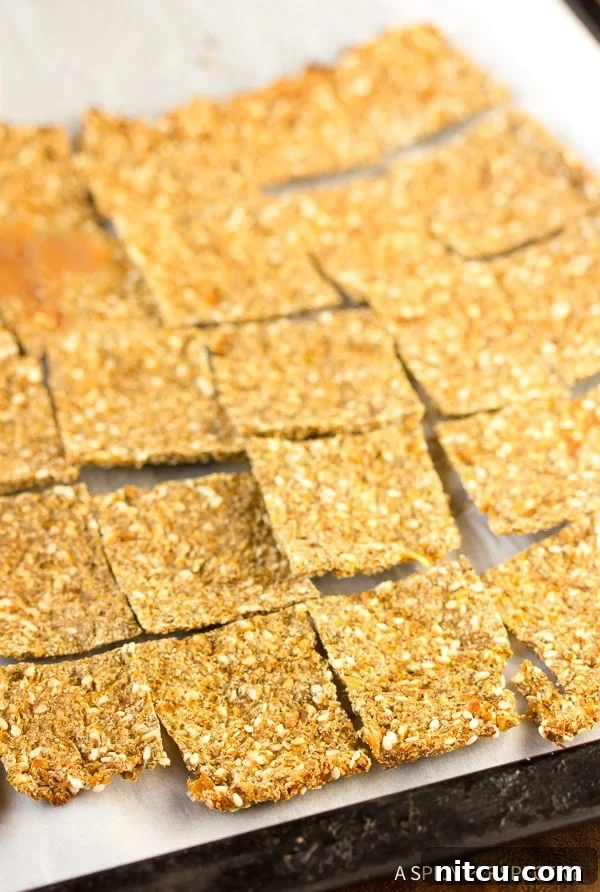 Crispy Keto Cauliflower Bites 8 A close-up of a parchment paper lined baking sheet displaying an array of perfectly golden, square grain-free cauliflower crackers, highlighting their inviting texture.