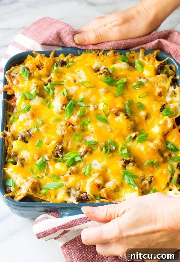 The fully baked Cool Ranch Dorito Casserole, golden brown and bubbly, ready to be served.