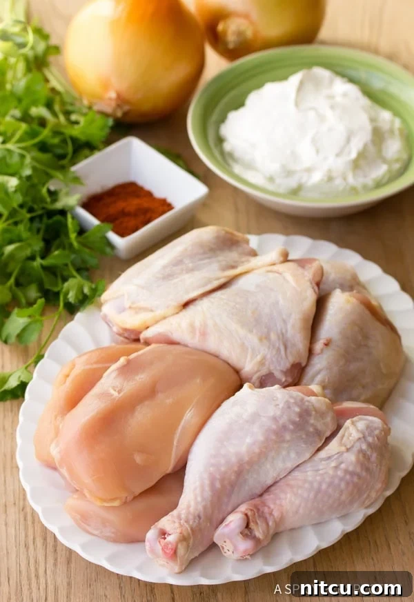 Soulful Hungarian Paprika Chicken 3 Ingredients for Hungarian Chicken Paprikash, including fresh vegetables and bone-in chicken pieces