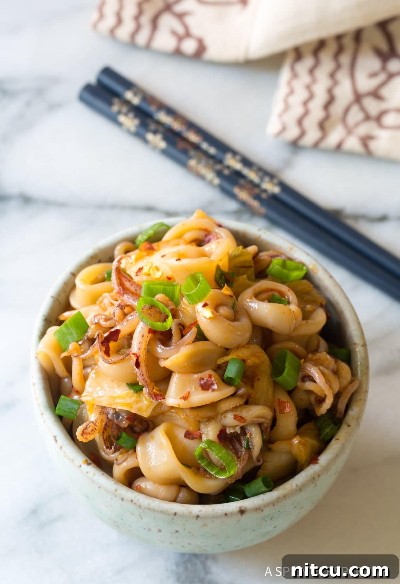 Vibrant Hawaiian Tako Poke 4 Tako Poke (Octopus or Squid) overhead shot in bowl with scallions on top