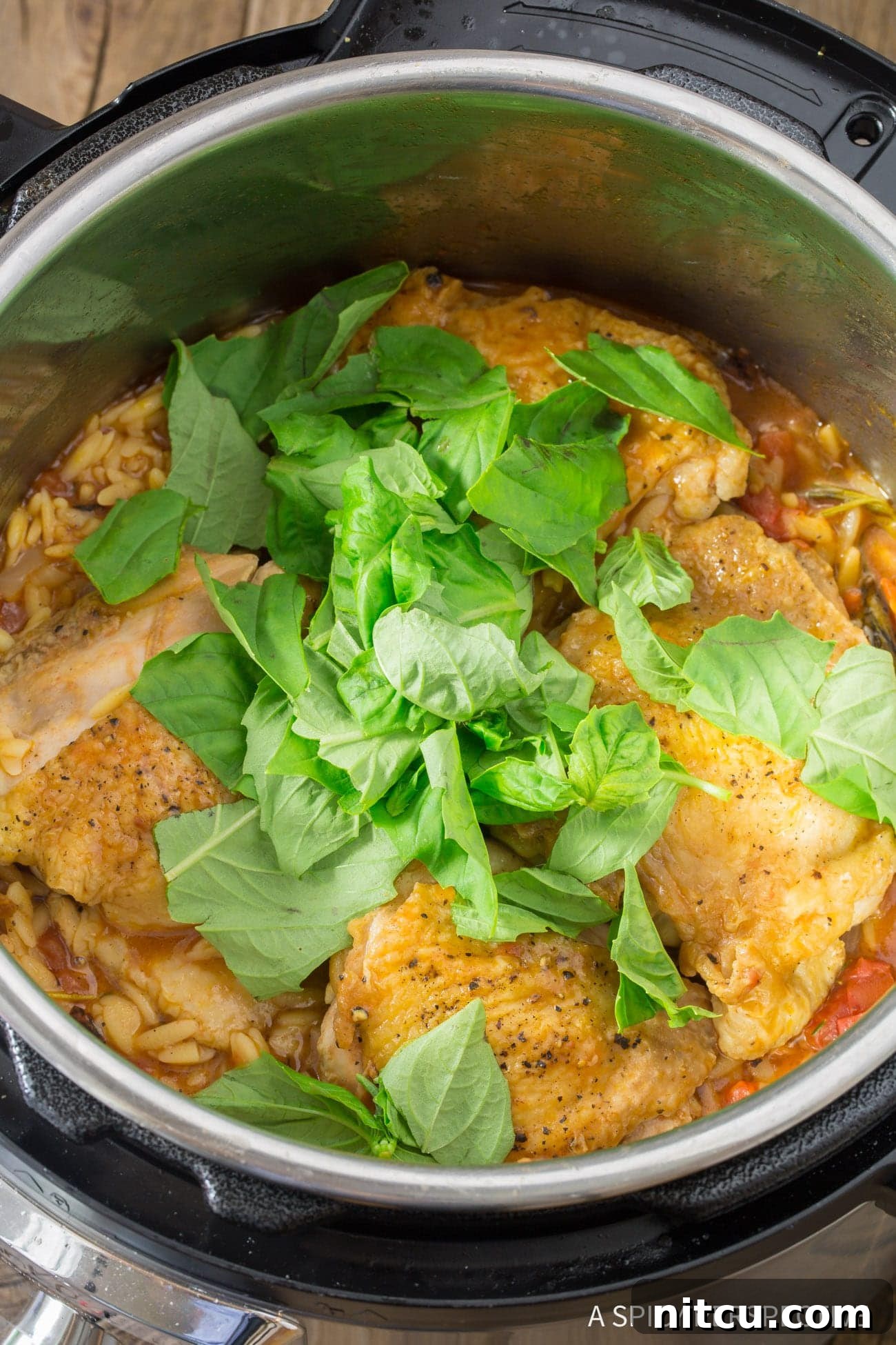 Orzo pasta mixed with chicken and sauce