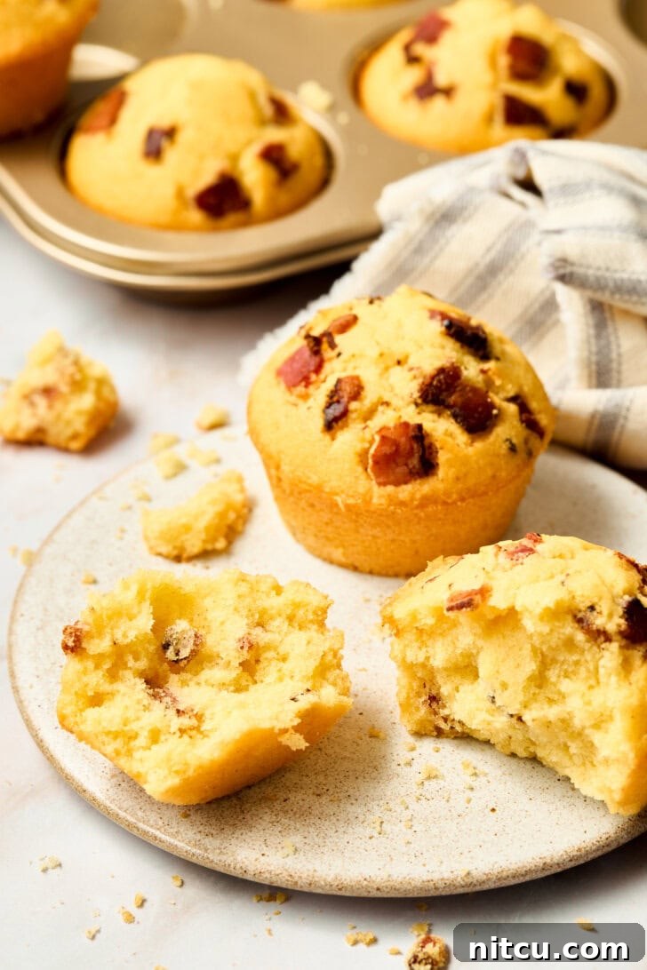 Golden Corn Muffins with Crispy Bacon 4 Cornbread muffins cut open on a plate, revealing their moist interior