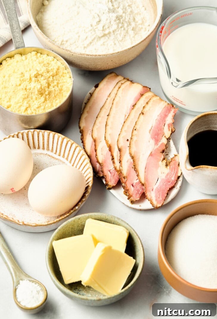 Golden Corn Muffins with Crispy Bacon 5 Ingredients for corn muffins laid out on a kitchen counter